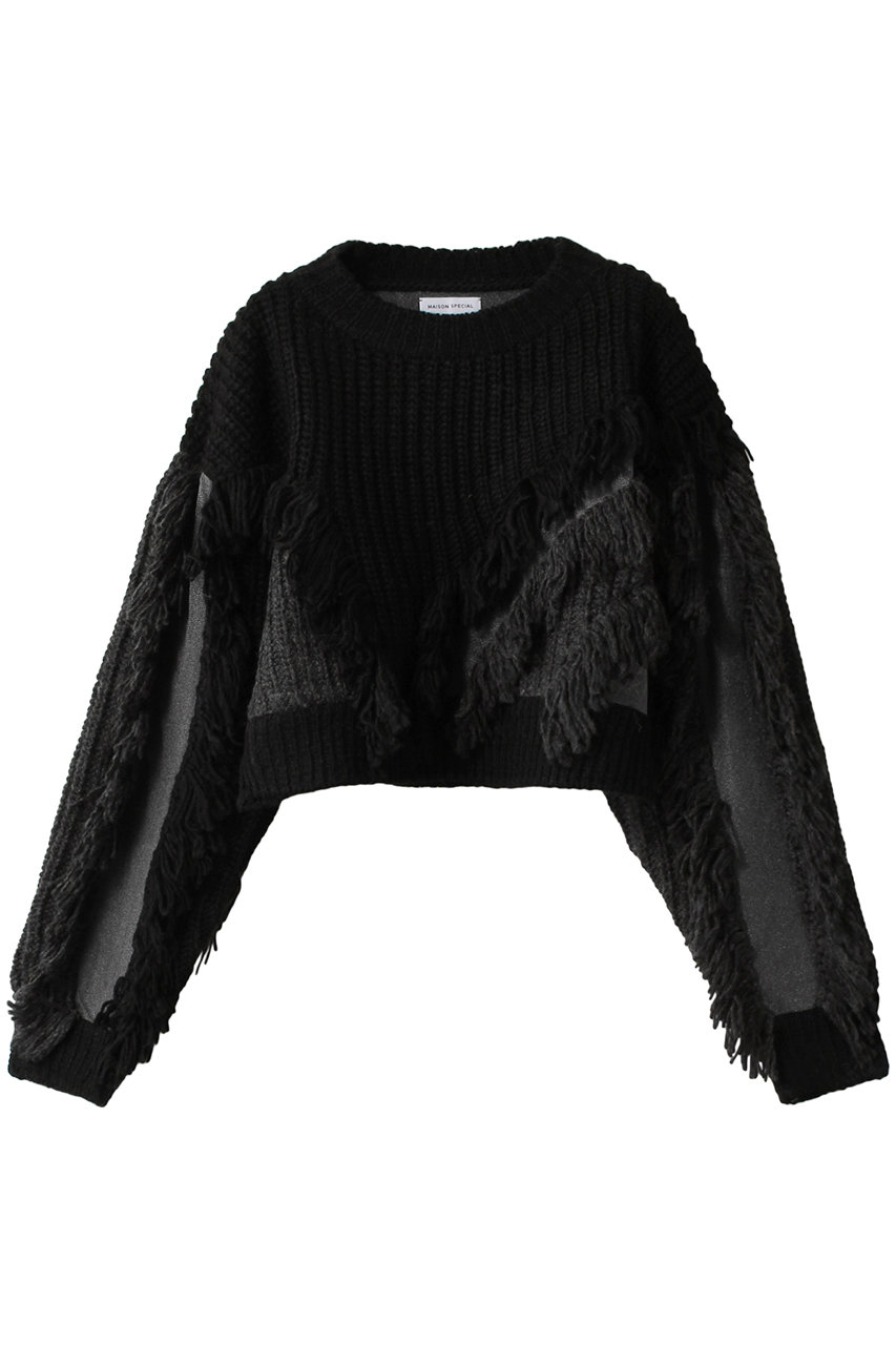 ＜ELLE SHOP＞ MAISON SPECIAL Sheer Material Docking Cropped Knit Wear/シアードッキングショートニット (BLK(ブラック) FREE) メゾンスペシャル ELLE SHOP