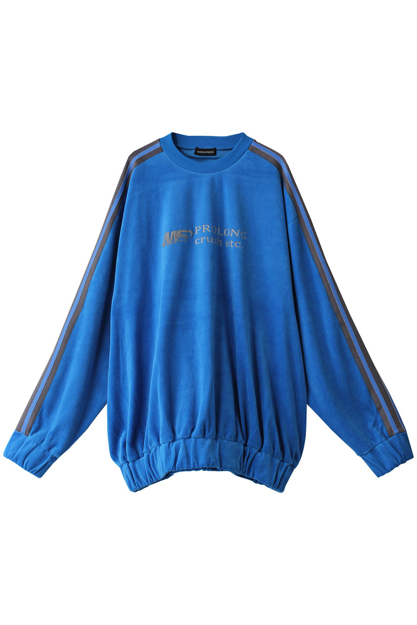 ＜ELLE SHOP＞ MAISON SPECIAL Leather Side Line Velor Sweatshirt/フェイクレザーサイドラインベロアスウェット (BLU(ブルー) FREE) メゾンスペシャル ELLE SHOP