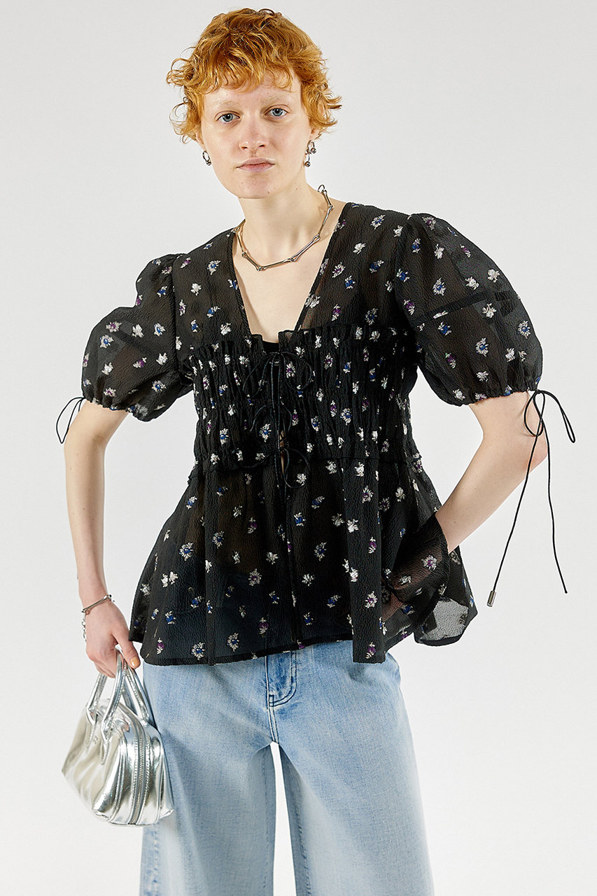 【予約販売】Flower Jacquard 2way Puff Sleeve Tops/フラワージャガード2WAYパフトップ