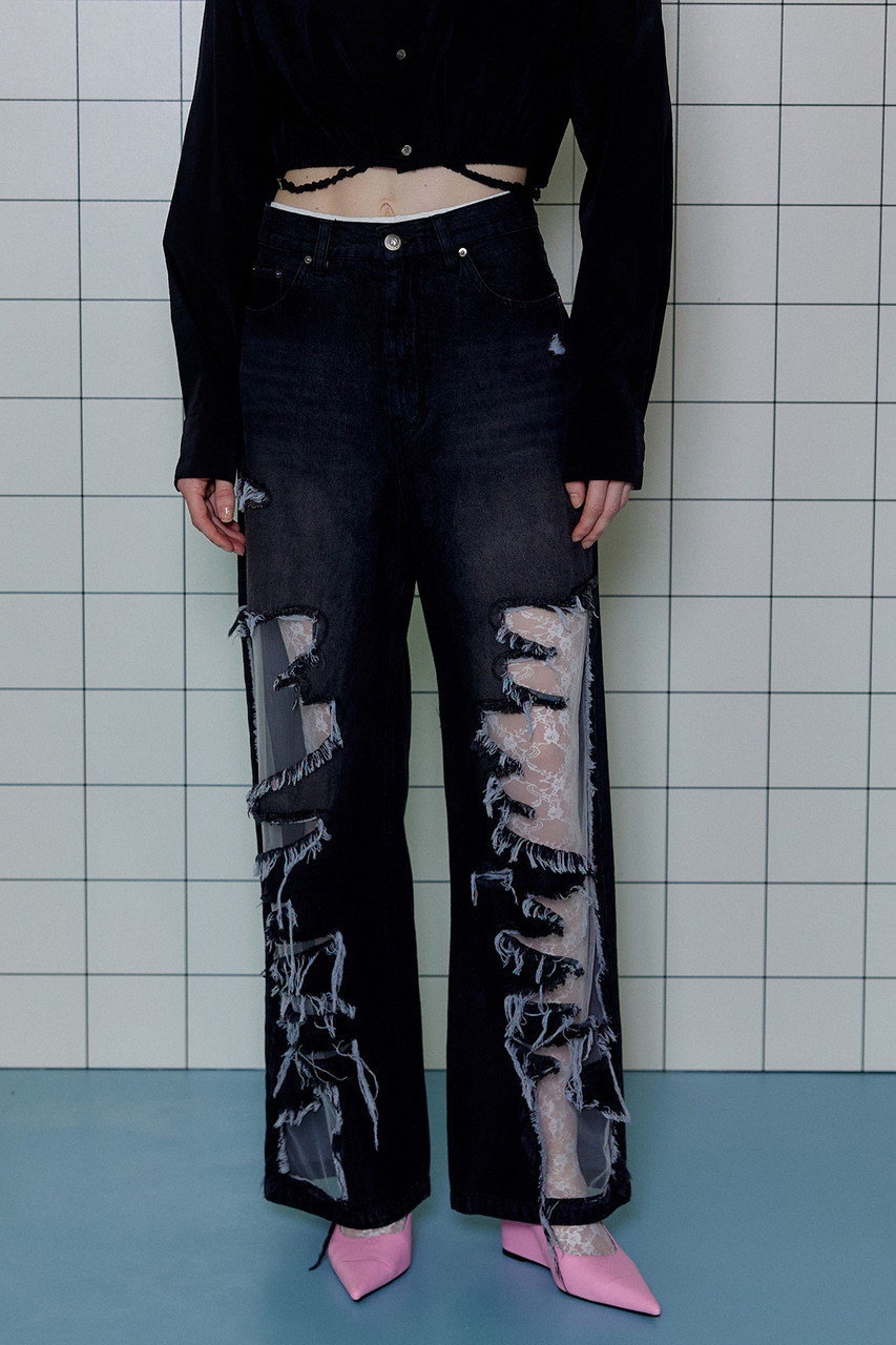 Tulle Distressed Denim Pants/チュールダメージデニム