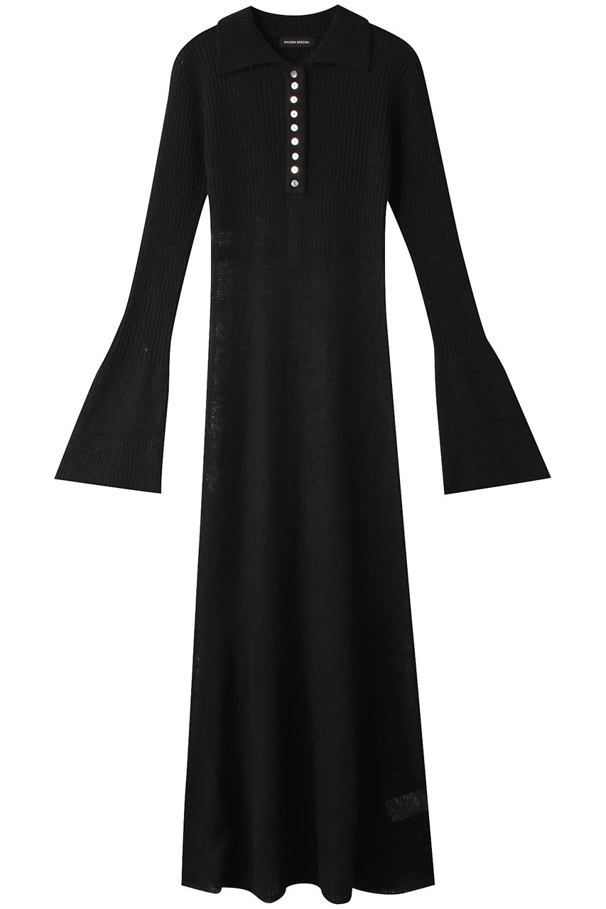 メゾンスペシャル/MAISON SPECIALのSheer Knit Polo Shirt Maxidresses/シアーニットポロワンピース(BLK(ブラック)/21242265701)