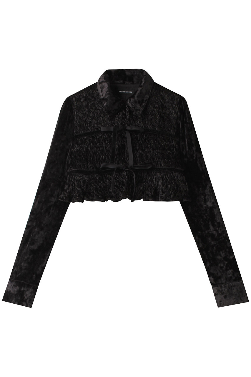 MAISON SPECIAL Shirring Velor Ribbon Blouse/シャーリングベロアリボンブラウス (BLK(ブラック), FREE) メゾンスペシャル ELLE SHOP