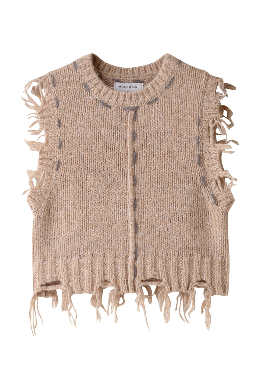 メゾンスペシャル/MAISON SPECIALのDistressed Effect Fringe Knit Vest/ダメージフリンジベスト(P.BGE(ピンクベージュ)/21242365204)