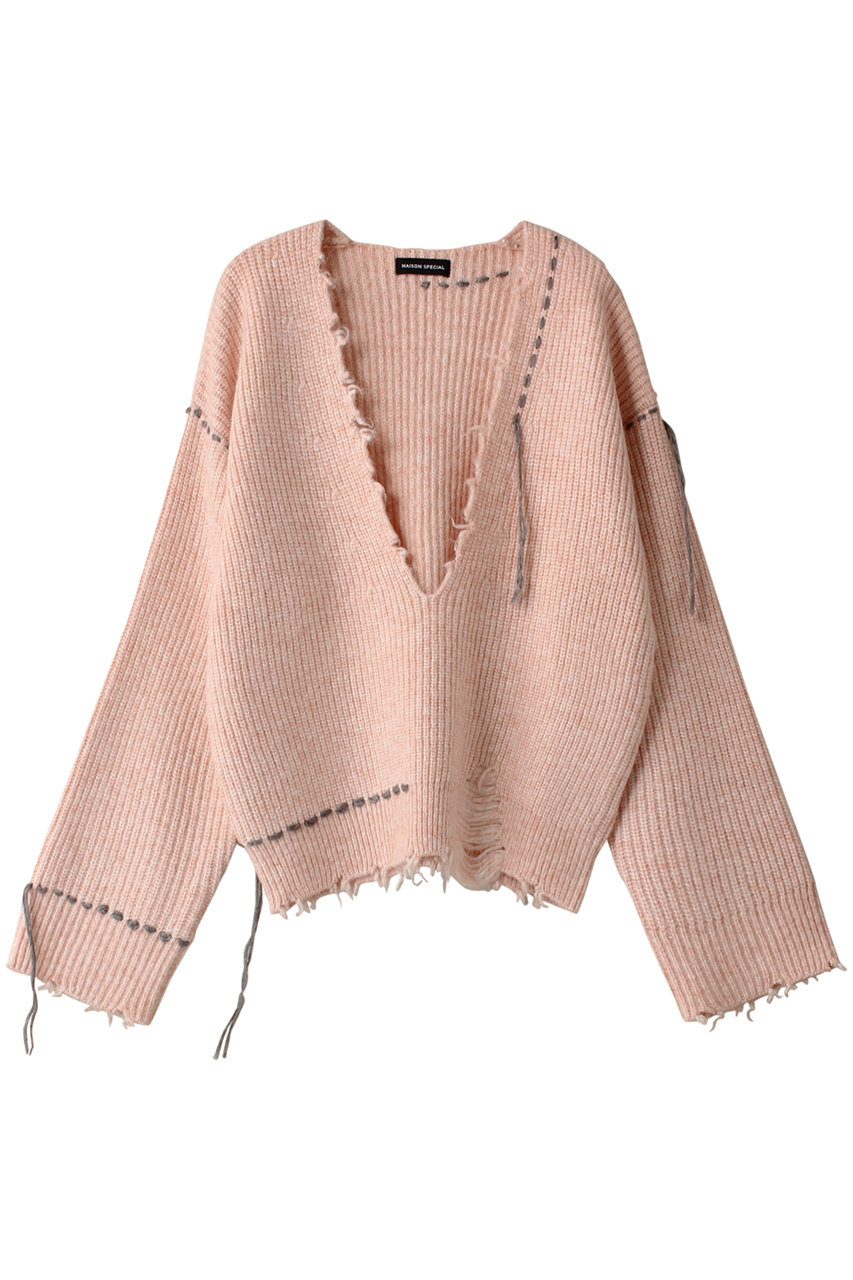 MAISON SPECIAL Hand Stitch Deep V-neck Knitwear/ハンドステッチディープＶネックニット (PNK(ピンク), FREE) メゾンスペシャル ELLE SHOP