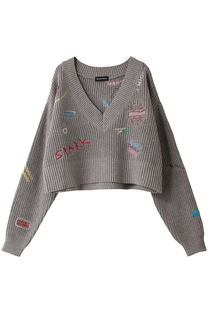 メゾンスペシャル/MAISON SPECIALのV-neck Embroidery Knitwear/Vネックエンブロイダリーニット(GRY(グレー)/21242365306)