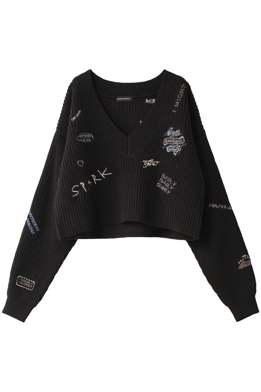 メゾンスペシャル/MAISON SPECIALのV-neck Embroidery Knitwear/Vネックエンブロイダリーニット(BLK(ブラック)/21242365306)