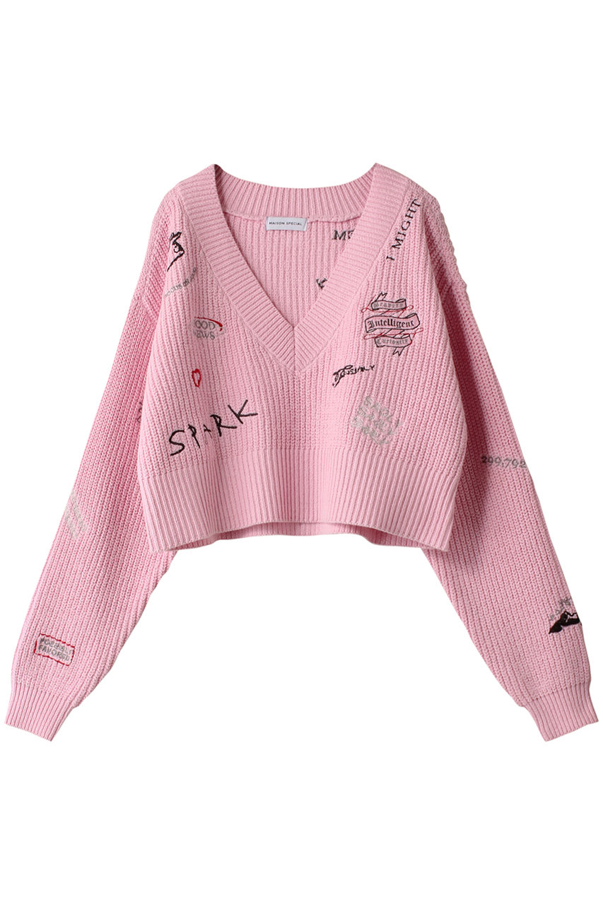 MAISON SPECIAL V-neck Embroidery Knitwear/Vネックエンブロイダリーニット (PNK(ピンク), FREE) メゾンスペシャル ELLE SHOP MAISON SPECIAL V-neck Embroidery Knitwear/Vネックエンブロイダリーニット (PNK(ピンク), FREE) メゾンスペシャル ELLE SHOP