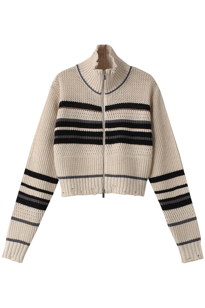 メゾンスペシャル/MAISON SPECIALのFront Zip Mesh Border Knitwear/フロントジップメッシュボーダーニット(WHT(ホワイト)/21242365705)