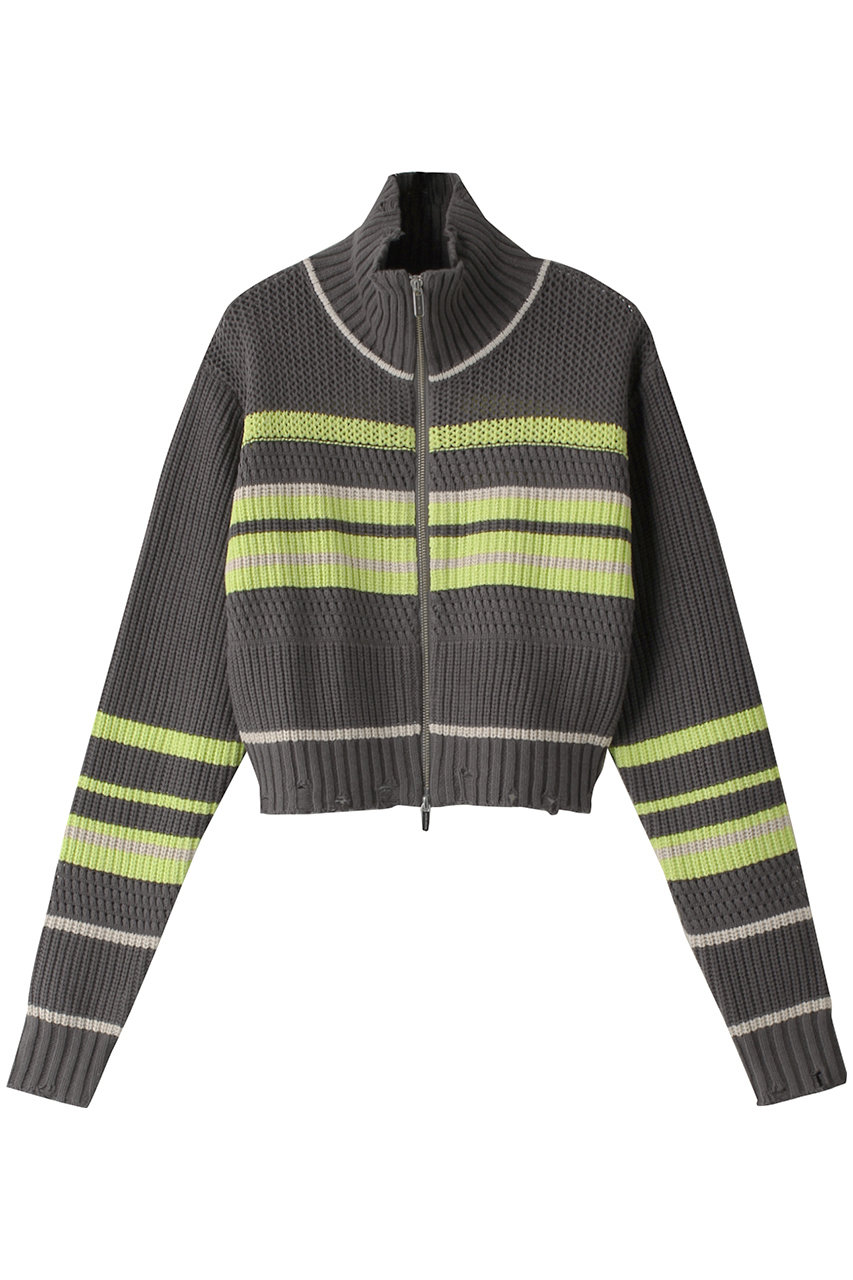 メゾンスペシャル/MAISON SPECIALのFront Zip Mesh Border Knitwear/フロントジップメッシュボーダーニット(KHK(カーキ)/21242365705)