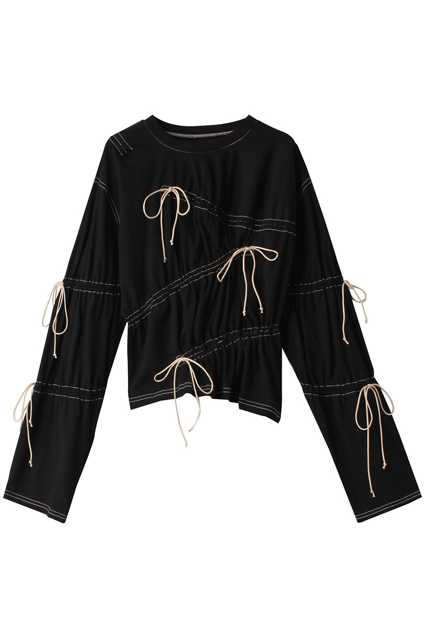 メゾンスペシャル/MAISON SPECIALのShirring Many Ribbons Tops/シャーリングメニーリボントップス(BLK(ブラック)/21242415203)