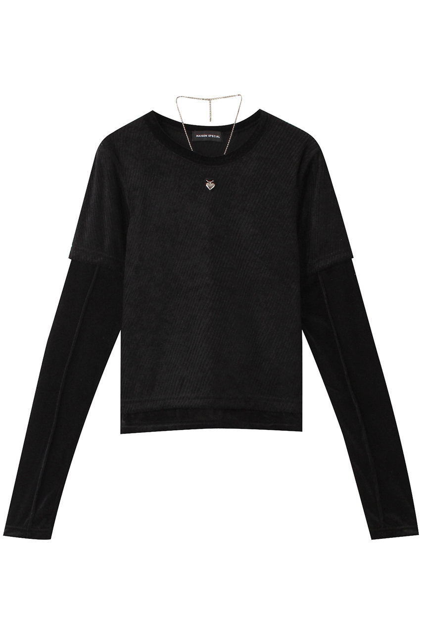 メゾンスペシャル/MAISON SPECIALのWith Heart Necklace Velor Tops/ハートネックレス付きベロアトップス(BLK(ブラック)/21242415206)