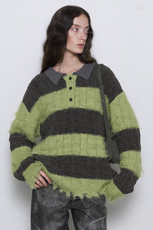 メゾンスペシャル/MAISON SPECIALのCable Knitting Border Rugger Knit Tops/ケーブルボーダーラガーニット