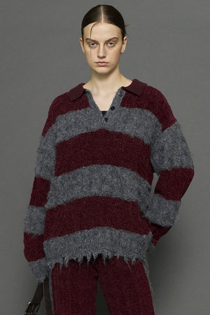 メゾンスペシャル/MAISON SPECIALのCable Knitting Border Rugger Knit Tops/ケーブルボーダーラガーニット