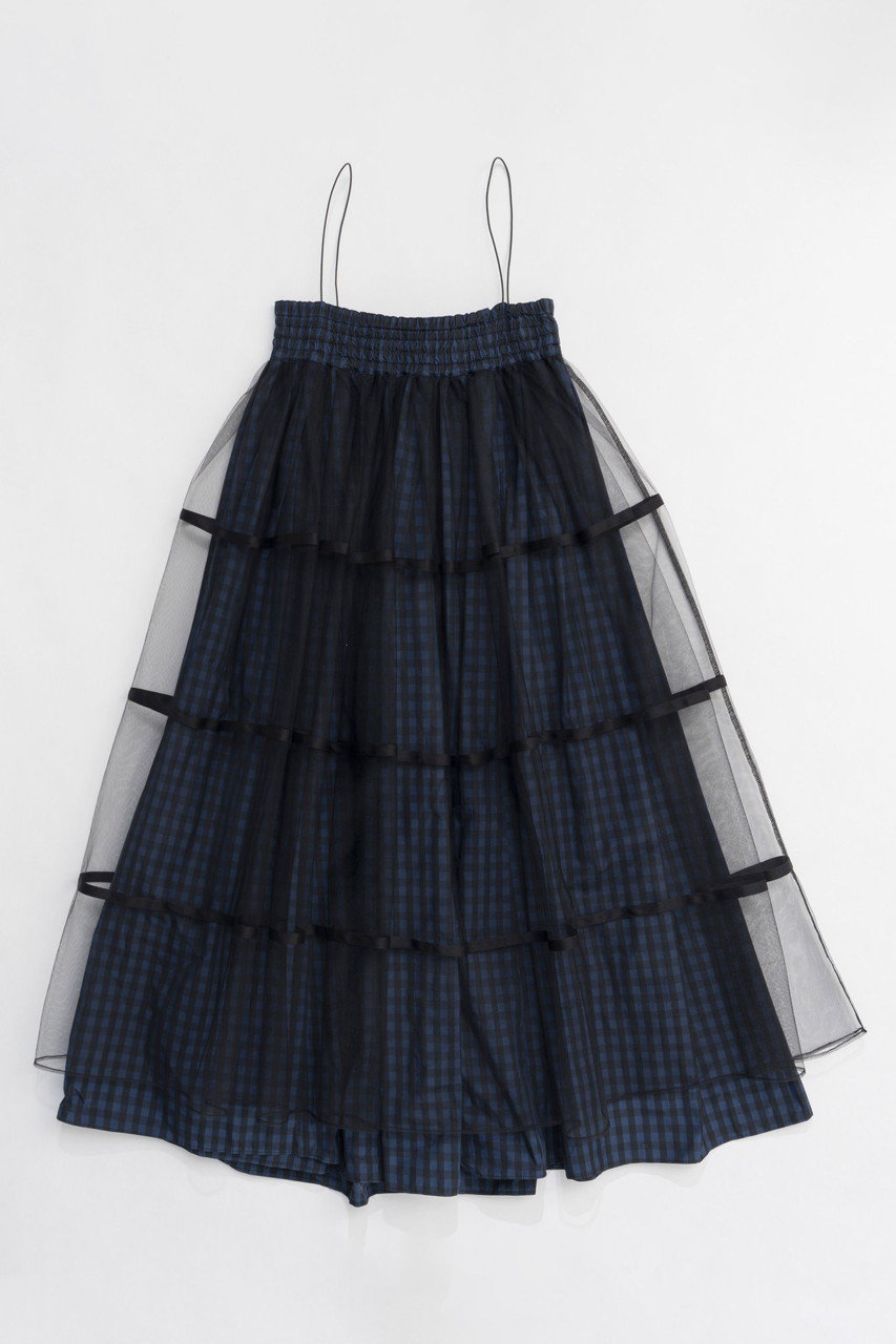 2way Tulle Layered Plaid Pattern Volume Silhouette Skirt/2WAYチュールレイヤードチェックボリュームスカート