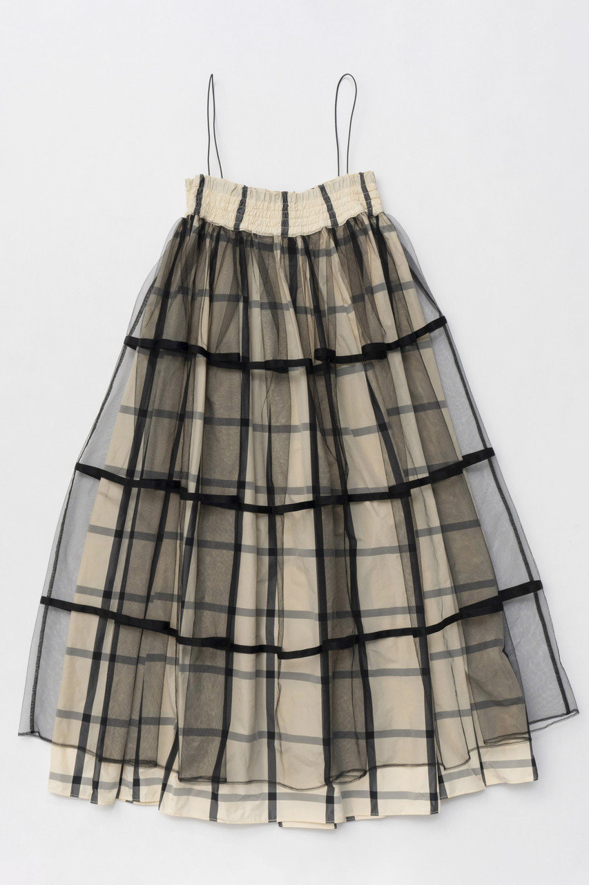 2way Tulle Layered Plaid Pattern Volume Silhouette Skirt/2WAYチュールレイヤードチェックボリュームスカート