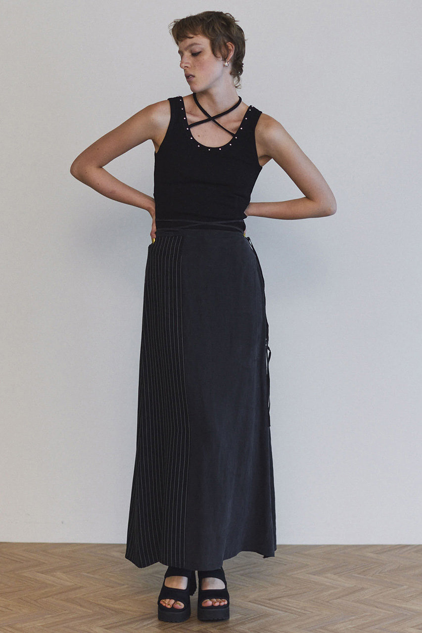 新品MAISON SPECIALブラックサテンロングスカート MAISON SPECIAL(メゾンスペシャル)｜Satin Docking Maxi Skirt/サテン