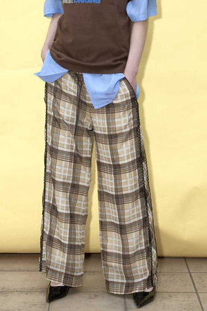 メゾンスペシャル/MAISON SPECIALのSide Pico Lace Sheer Plaid Pants/サイドピコレースシアーチェックパンツ(110600/110601)