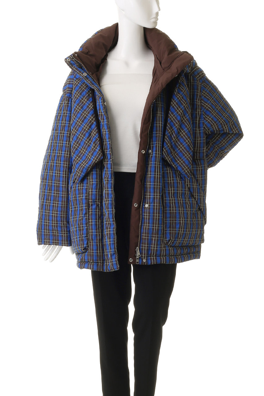 メゾンスペシャル　ブラウンと青のチェック柄ダブルブレストコート MAISON SPECIAL(メゾンスペシャル)｜Plaid Hoodie Scarf Middle Down