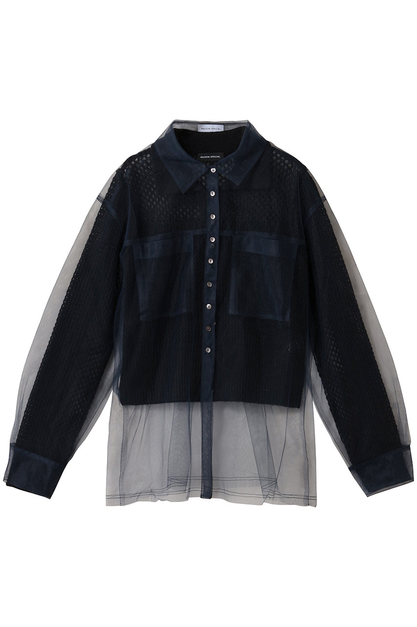 MAISON SPECIAL Tulle Shirt Layered Polo Knit Cardigan/チュールシャツレイヤードポロニットカーディガン (BLK(ブラック), FREE) メゾンスペシャル ELLE SHOP MAISON SPECIAL Tulle Shirt Layered Polo Knit Cardigan/チュールシャツレイヤードポロニットカーディガン (BLK(ブラック), FREE) メゾンスペシャル ELLE SHOP