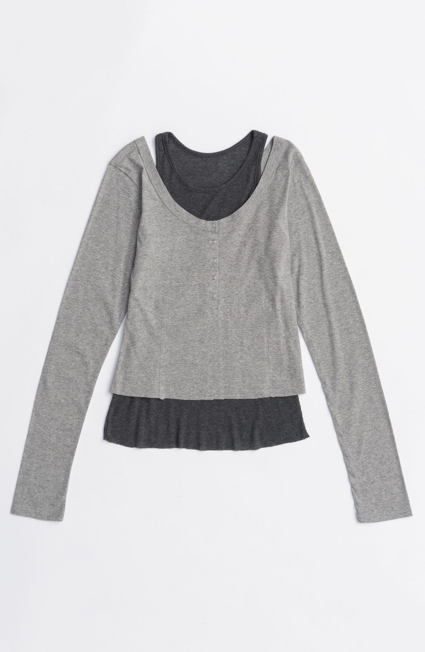 MAISON SPECIAL Layered Henley Neck Tops/レイヤードヘンリーネックトップス (GRY(グレー), FREE) メゾンスペシャル ELLE SHOP MAISON SPECIAL Layered Henley Neck Tops/レイヤードヘンリーネックトップス (GRY(グレー), FREE) メゾンスペシャル ELLE SHOP