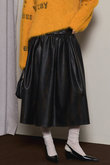 Waist Frill faux Leather Mid-length Skirt/ウエストフリルフェイクレザーミモレスカート