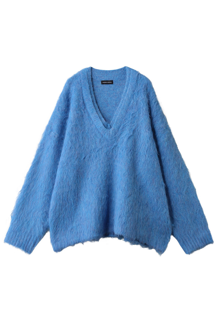 メゾンスペシャル/MAISON SPECIALのLong Shaggy V-neck Knit/ロングシャギーVネックニット(BLU(ブルー)/21252365809)
