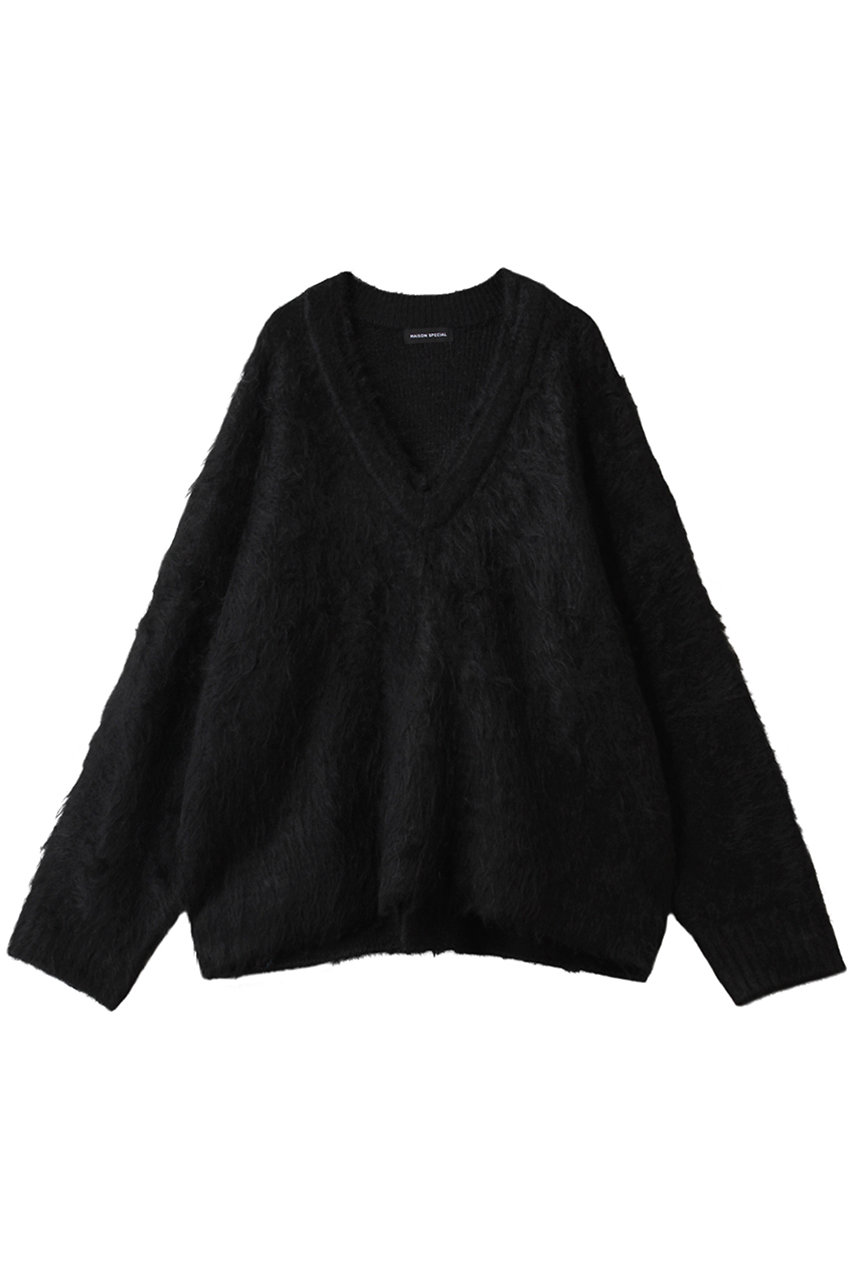 メゾンスペシャル/MAISON SPECIALのLong Shaggy V-neck Knit/ロングシャギーVネックニット(BLK(ブラック)/21252365809)