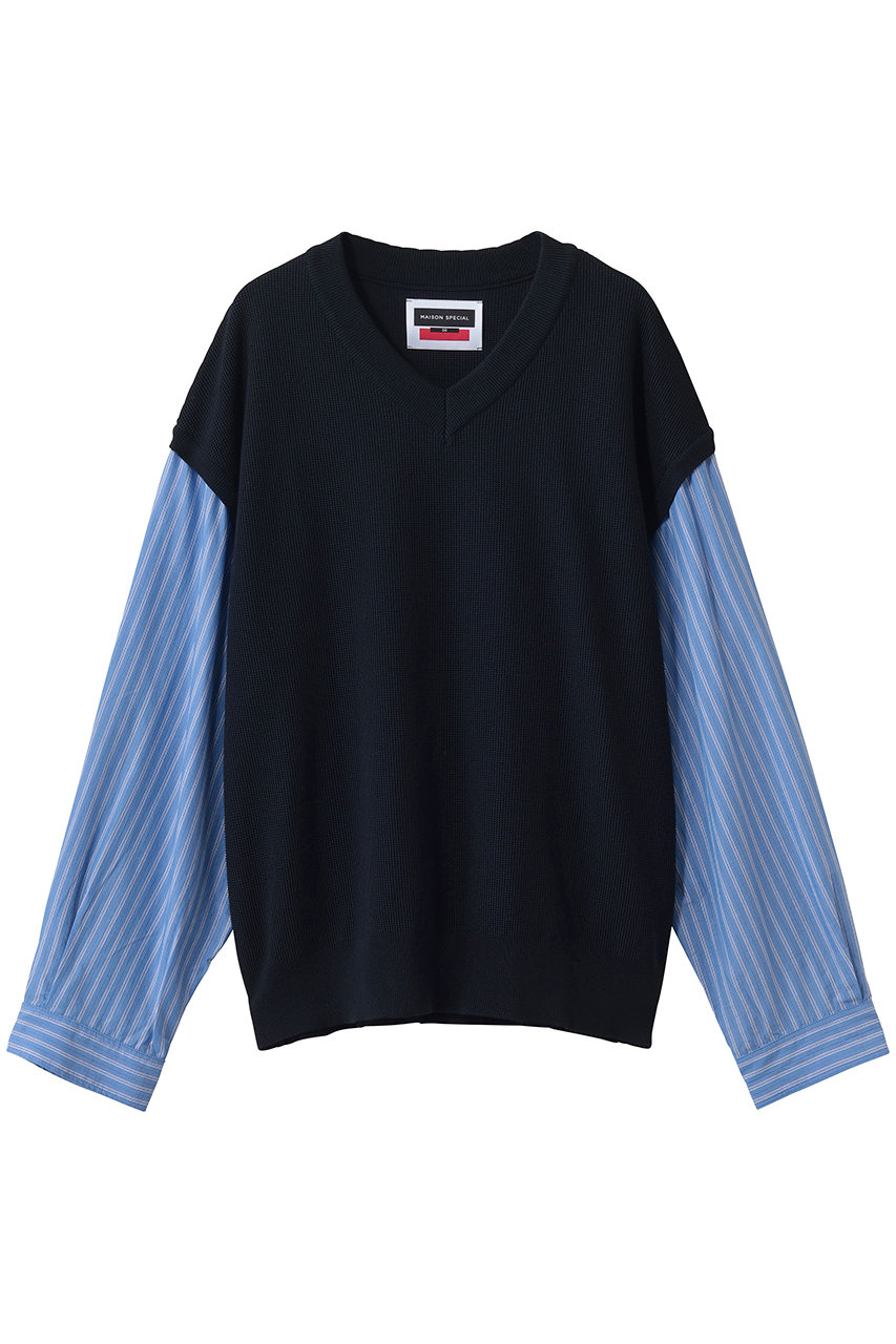 メゾンスペシャル/MAISON SPECIALの【UNISEX】シャツドッキングVネックニット PO L/S(NVY(ネイビー)/11261361315)
