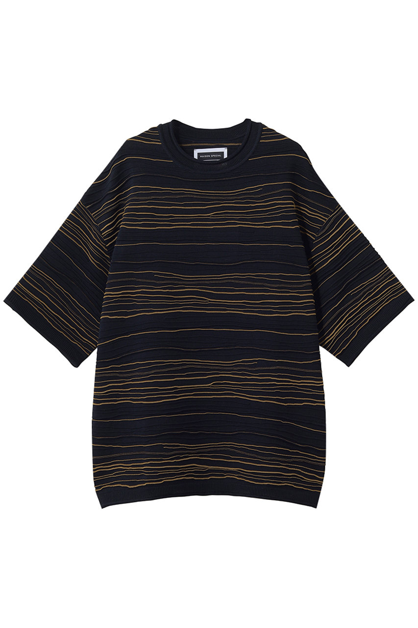 メゾンスペシャル/MAISON SPECIALの【UNISEX】ドローイングピンタックニットボーダー S/S TEE(NVY(ネイビー)/11261361318)