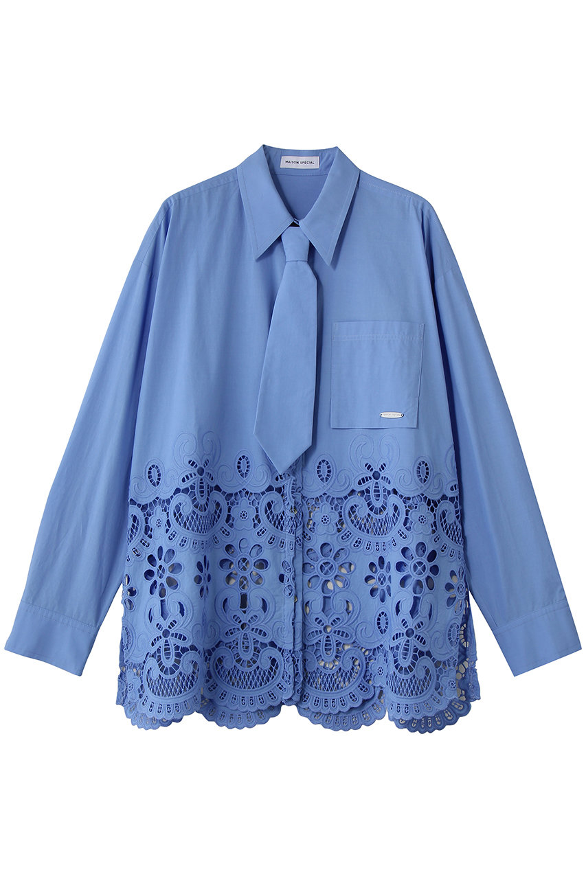メゾンスペシャル/MAISON SPECIALのHem Embroidery Neck Tie Shirt/ヘムエンブロイダリーネクタイシャツ(BLU(ブルー)/21261315301)