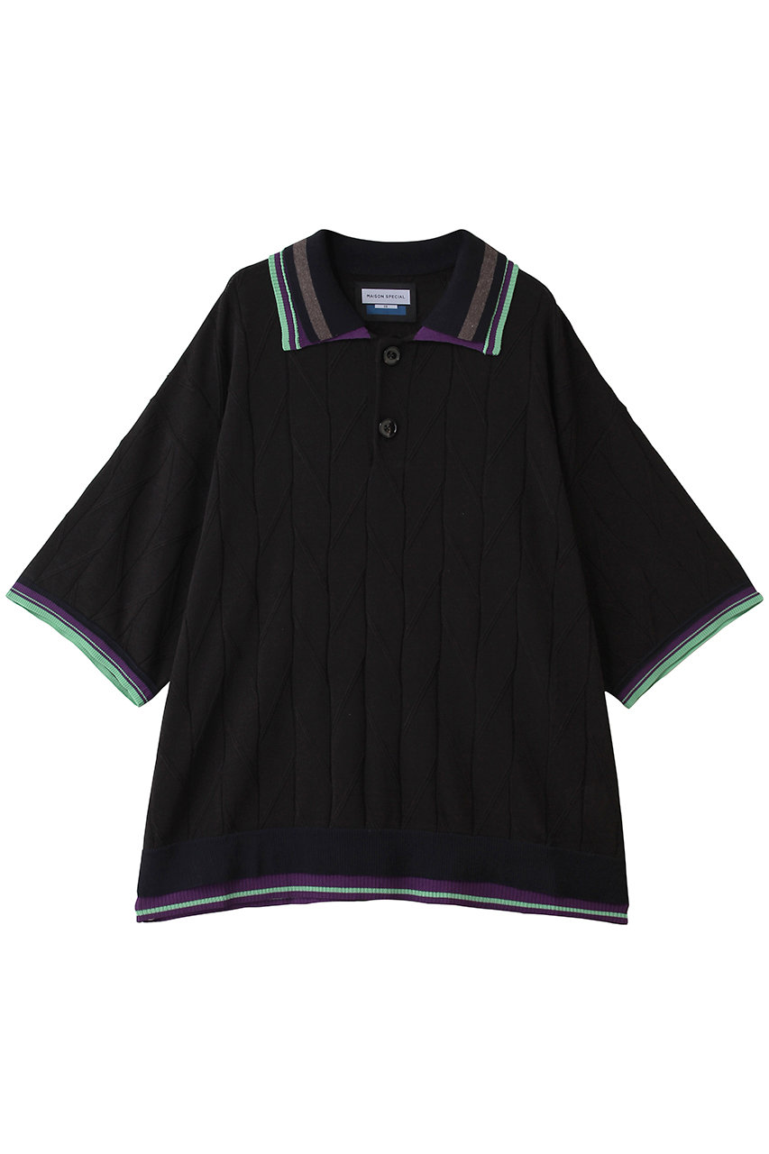 メゾンスペシャル/MAISON SPECIALの【UNISEX】レイヤードライン衿 ジオメトリックニットポロS/S(BLK(ブラック)/11261361314)