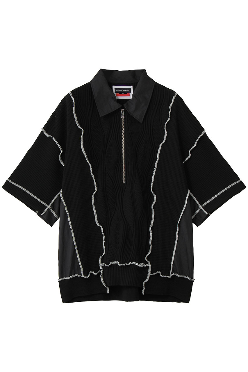 メゾンスペシャル/MAISON SPECIALの【UNISEX】異素材ドッキングメロウ ハーフジップ S/S ニットTEE(BLK(ブラック)/11261361326)