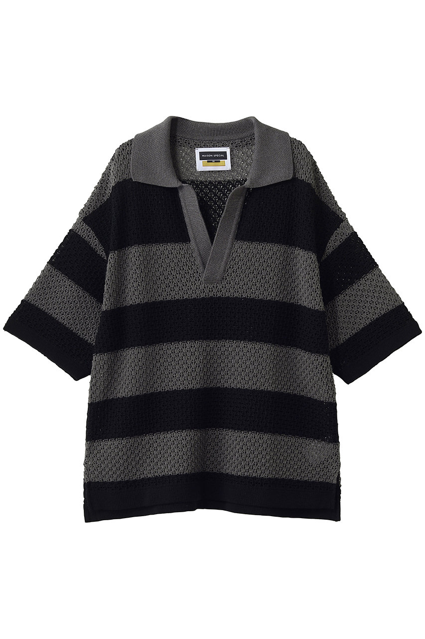 メゾンスペシャル/MAISON SPECIALの【UNISEX】ラガーボーダー ニットスキッパーポロ(BLK(ブラック)/11261361333)