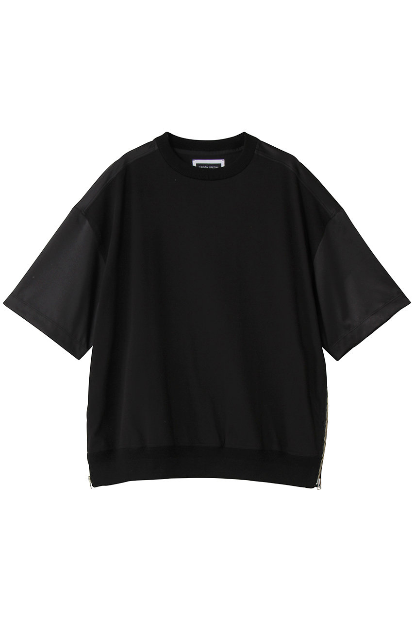 メゾンスペシャル/MAISON SPECIALの【UNISEX】サテン切替サイドZIP Tシャツ(BLK(ブラック)/11251411338)
