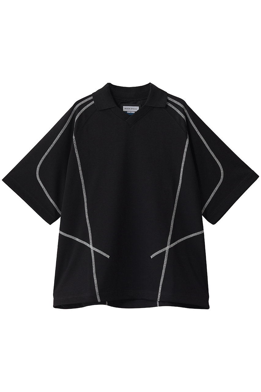 メゾンスペシャル/MAISON SPECIALの【UNISEX】襟付きVネック ステッチワークラグランTEE(BLK(ブラック)/11261411501)