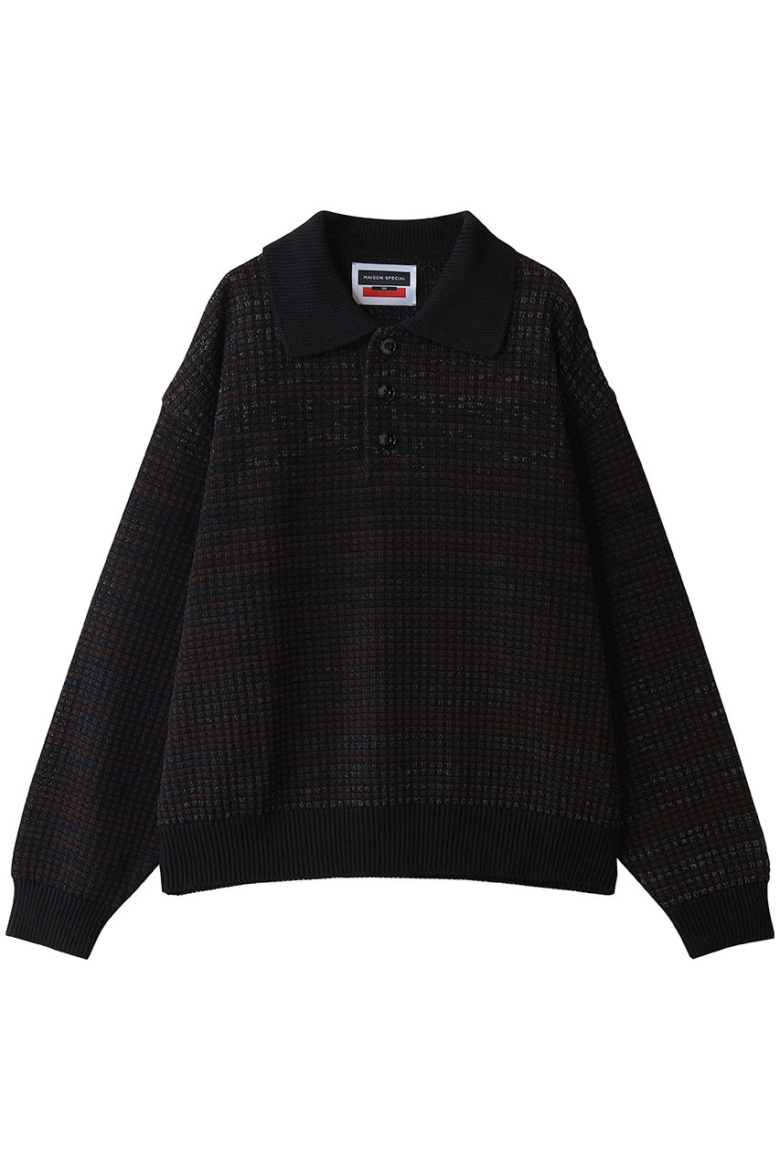 メゾンスペシャル/MAISON SPECIALの【UNISEX】カスリ鬼ワッフル L/Sニットポロシャツ(BLK(ブラック)/11262361318)