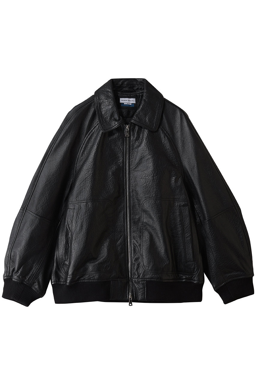 MAISON SPECIAL 【UNISEX】グレインレザー 襟付きラグランリブブルゾン (BLK(ブラック), 0) メゾンスペシャル ELLE SHOP
