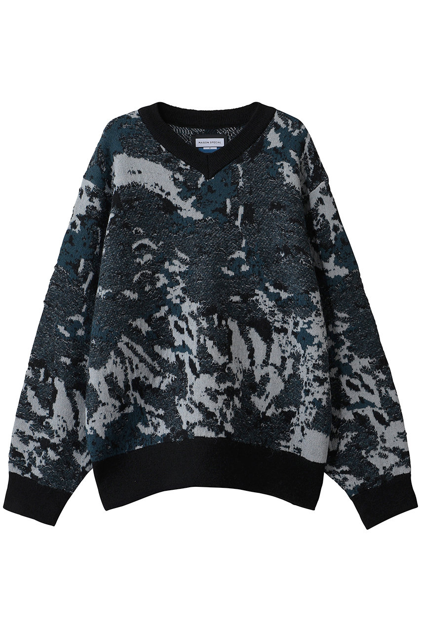 MAISON SPECIAL 【UNISEX】アブストラクトパターン Vネックニット (D.BLU(ダークブルー）, 2) メゾンスペシャル ELLE SHOP