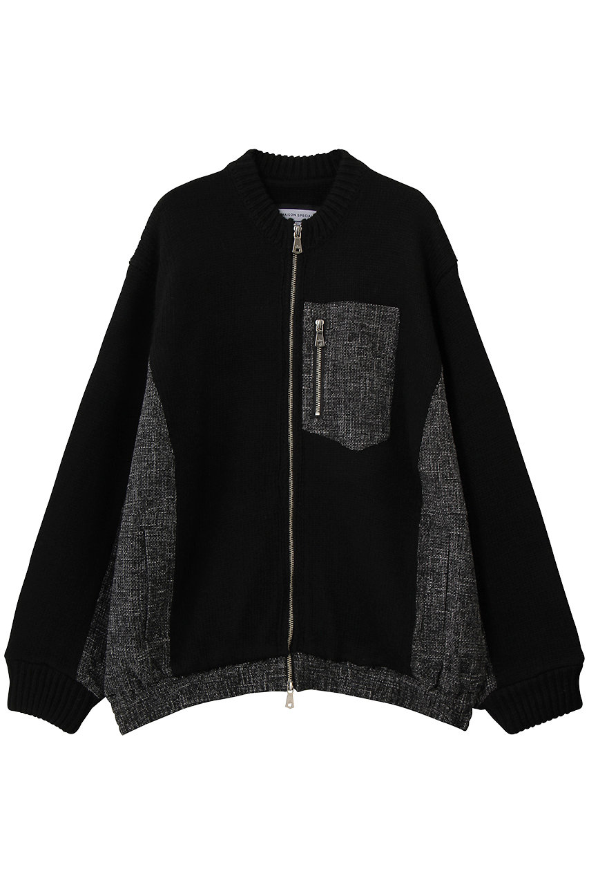 MAISON SPECIAL 【UNISEX】異素材ドッキング クルーネック ニットブルゾン (BLK(ブラック), 2) メゾンスペシャル ELLE SHOP