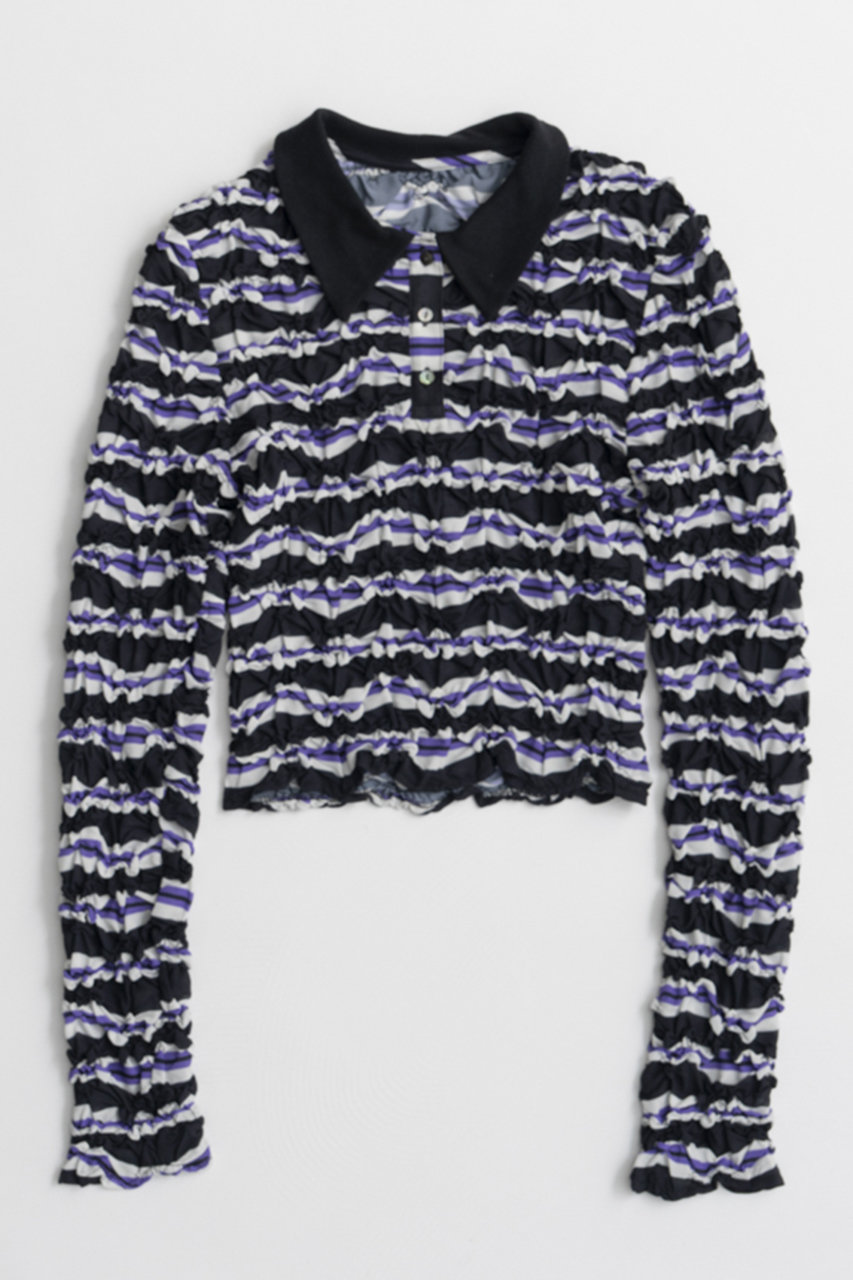 メゾンスペシャル/MAISON SPECIALの【予約販売】Shirring Border Polo Shirt/シャーリングボーダーポロ(BLK(ブラック)/21262315203)