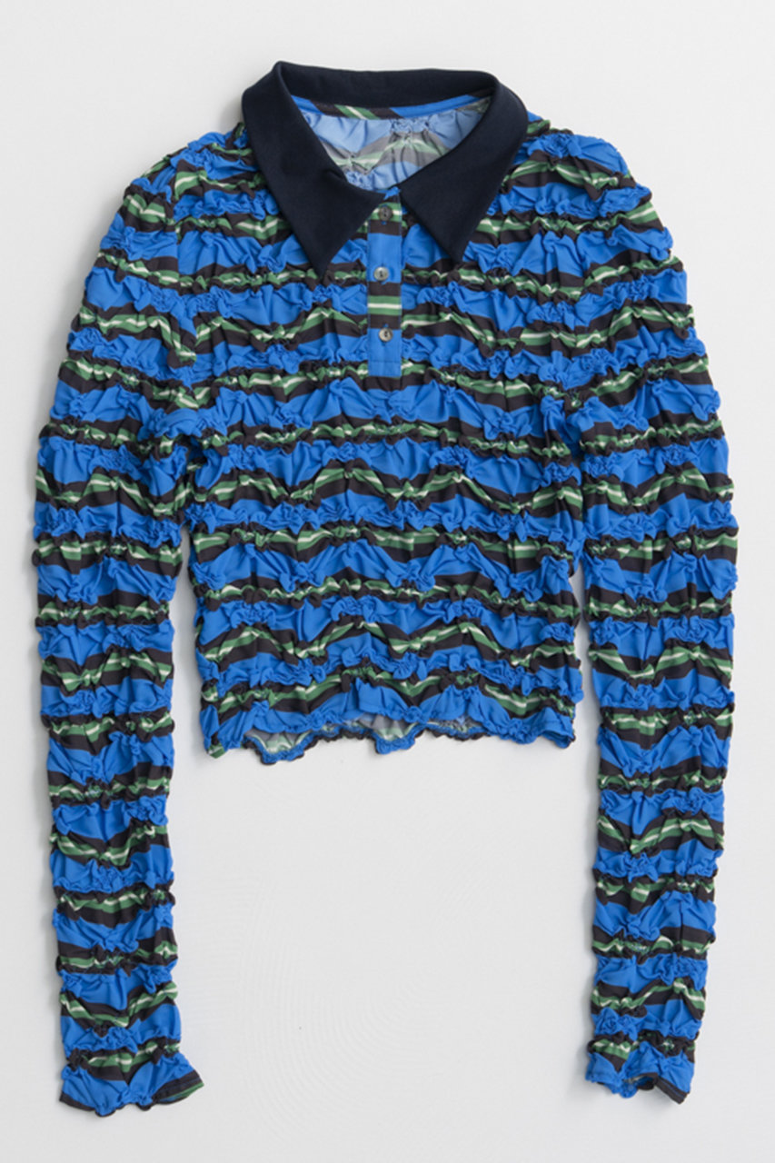 メゾンスペシャル/MAISON SPECIALの【予約販売】Shirring Border Polo Shirt/シャーリングボーダーポロ(BLU(ブルー)/21262315203)