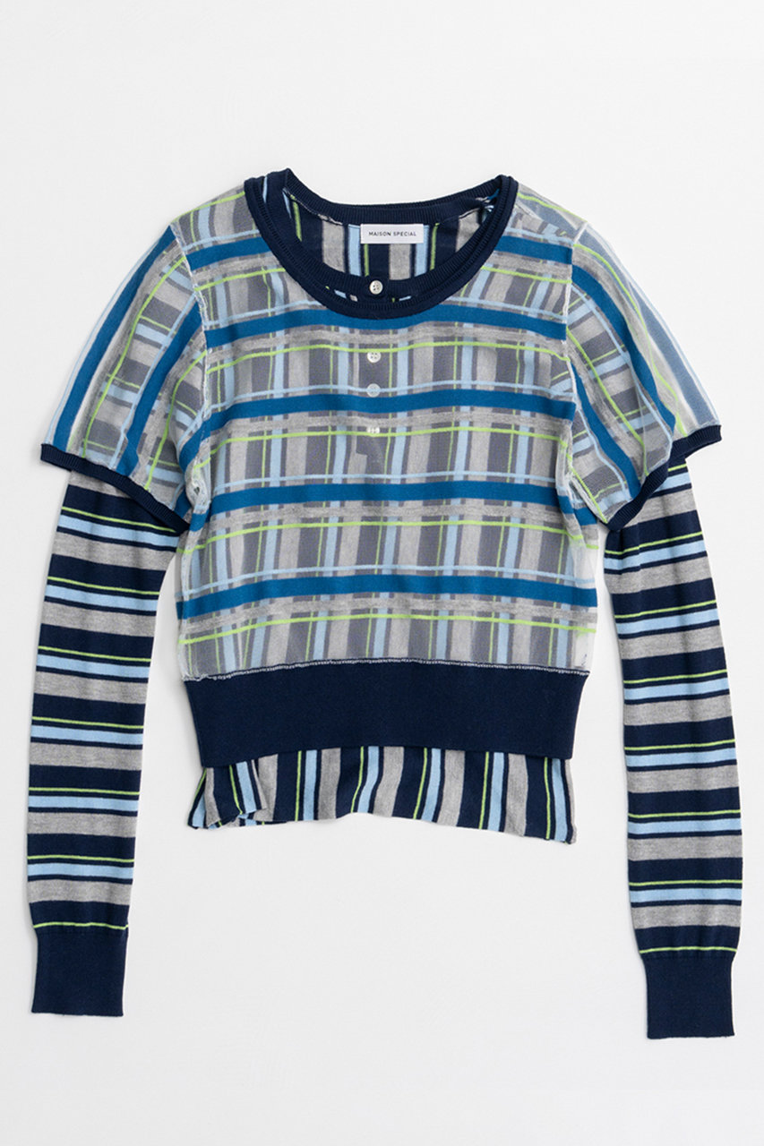 メゾンスペシャル/MAISON SPECIALのLayered Check-Like Knit/レイヤードチェックライクニット(BLU(ブルー)/21262365807)