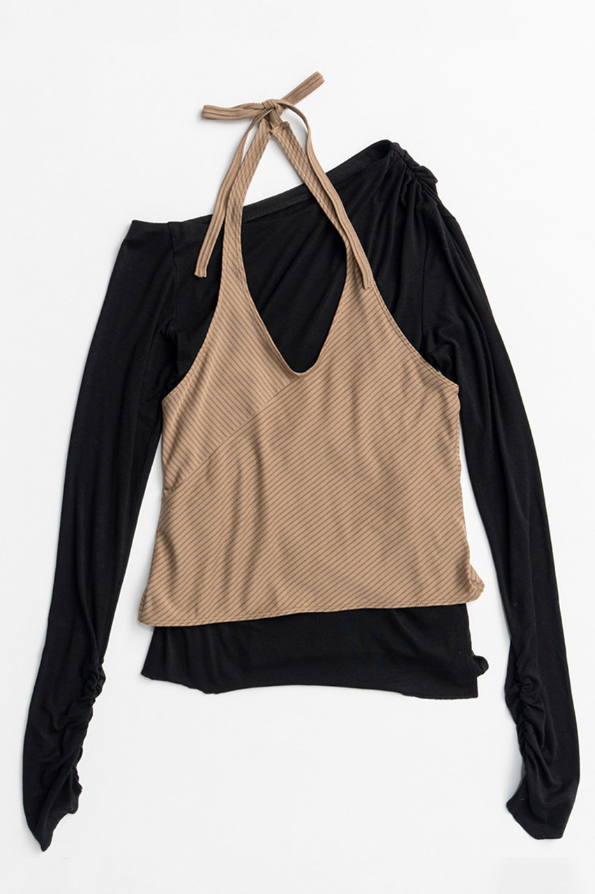 メゾンスペシャル/MAISON SPECIALの【予約販売】Border Halter Layered Off-Shoulder Top/ボーダーホルターレイヤードオフショルTOP(BLK(ブラック)/21262415803)