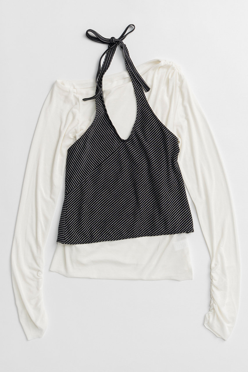 メゾンスペシャル/MAISON SPECIALの【予約販売】Border Halter Layered Off-Shoulder Top/ボーダーホルターレイヤードオフショルTOP(WHT(ホワイト)/21262415803)