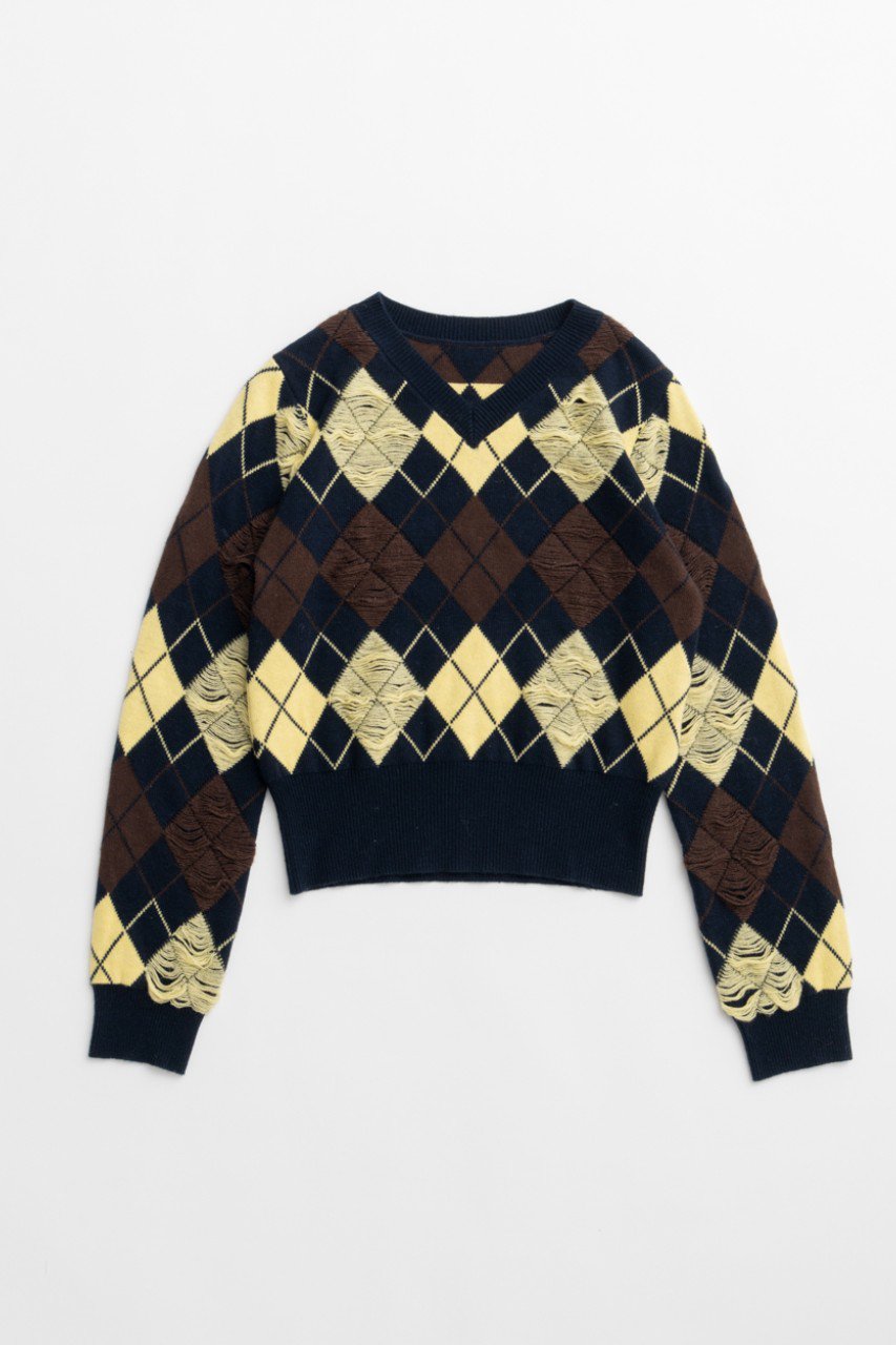 MAISON SPECIAL Drop-Stitch Argyle Knit / 針抜キアーガイルニット (NVY(ネイビー), FREE) メゾンスペシャル ELLE SHOP