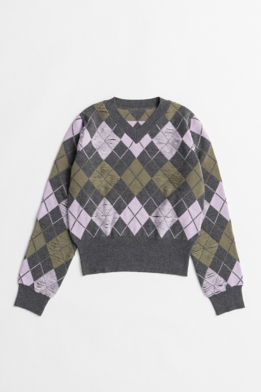MAISON SPECIAL Drop-Stitch Argyle Knit / 針抜キアーガイルニット (GRY(グレー), FREE) メゾンスペシャル ELLE SHOP