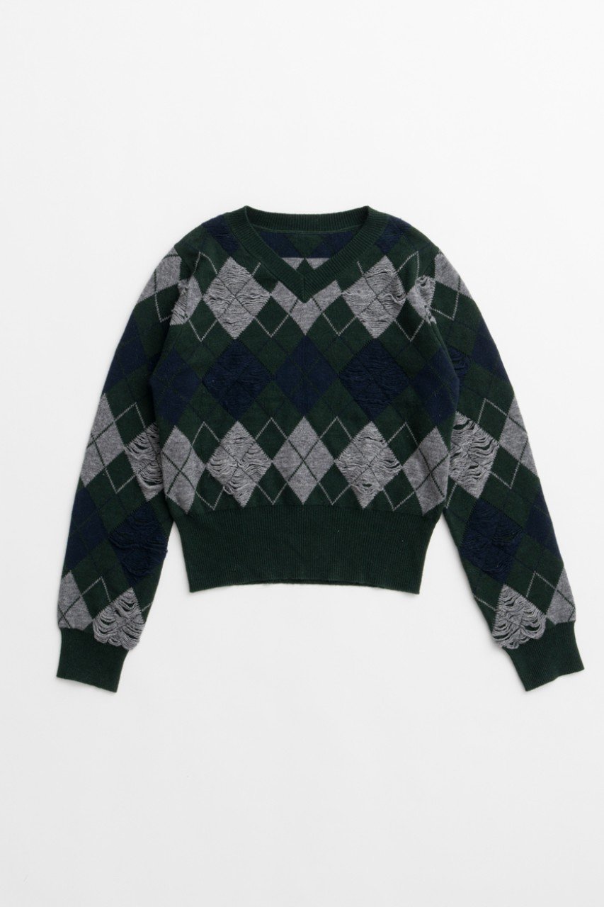 MAISON SPECIAL Drop-Stitch Argyle Knit / 針抜キアーガイルニット (D.GRN(ダークグリーン), FREE) メゾンスペシャル ELLE SHOP