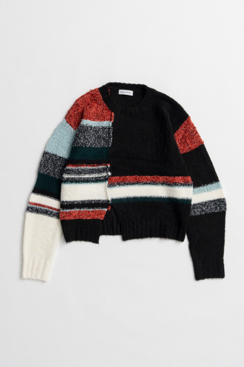 MAISON SPECIAL Dramatic Border Slit Knit / ドラマティカルボーダースリットニット (BLK(ブラック), FREE) メゾンスペシャル ELLE SHOP