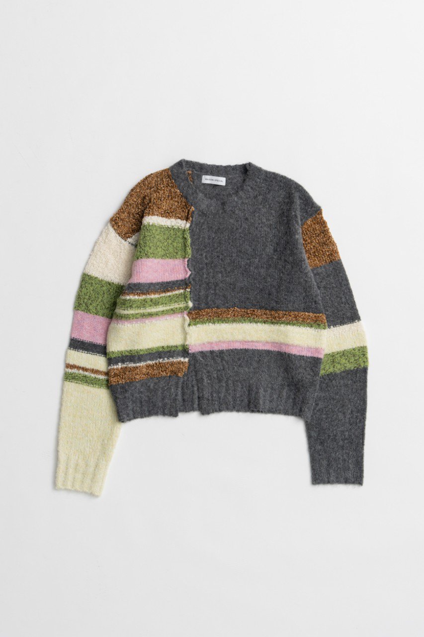 MAISON SPECIAL Dramatic Border Slit Knit / ドラマティカルボーダースリットニット (GRY(グレー), FREE) メゾンスペシャル ELLE SHOP