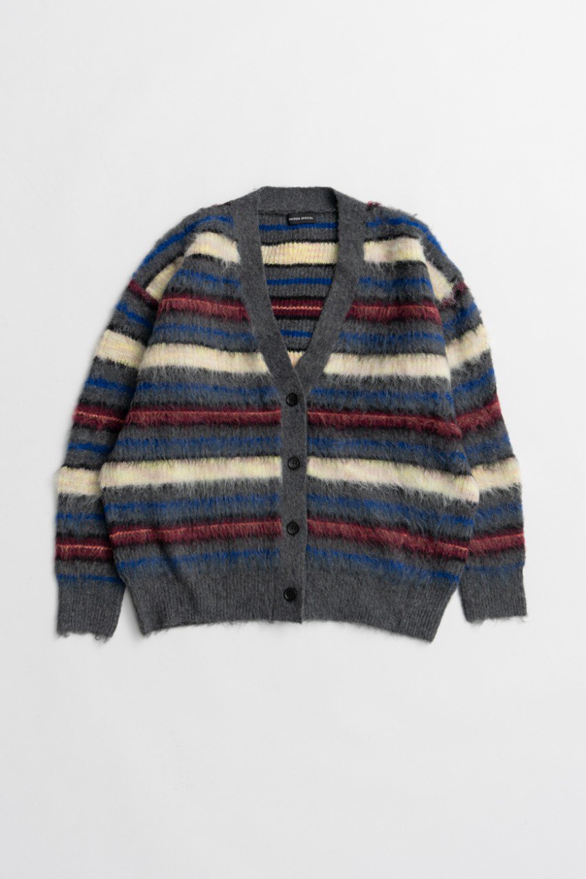 MAISON SPECIAL Multi Border Shaggy Cardigan / マルチボーダーシャギーカーディガン (GRY(グレー), FREE) メゾンスペシャル ELLE SHOP